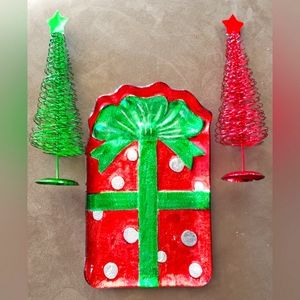 Beautiful Glass Christmas Present Red, Silver and Green Serving Platter